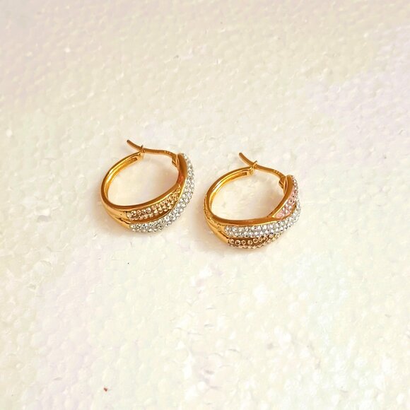 925 Pave Twisted Hoop Earrings Gold over Sterling Silver Pierced - Picture 8 of 13